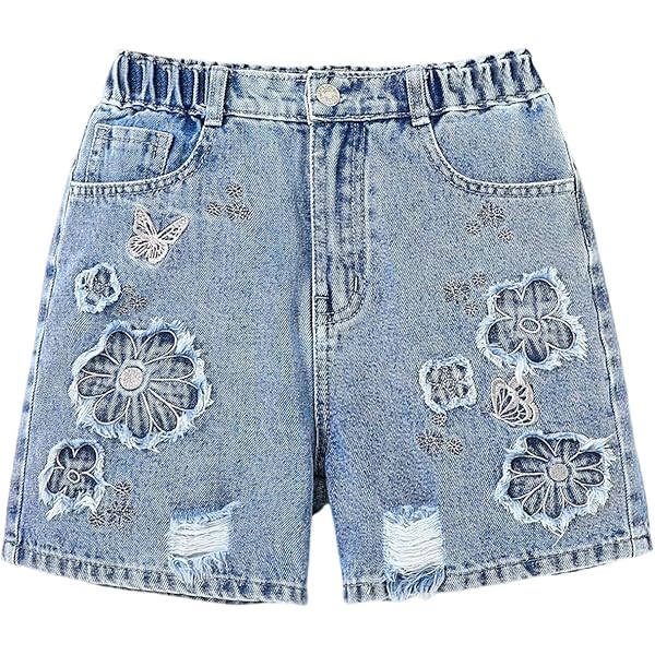 Dreamskull Women High Waist Frayed Hem 3D Daisy Floral Embroidered